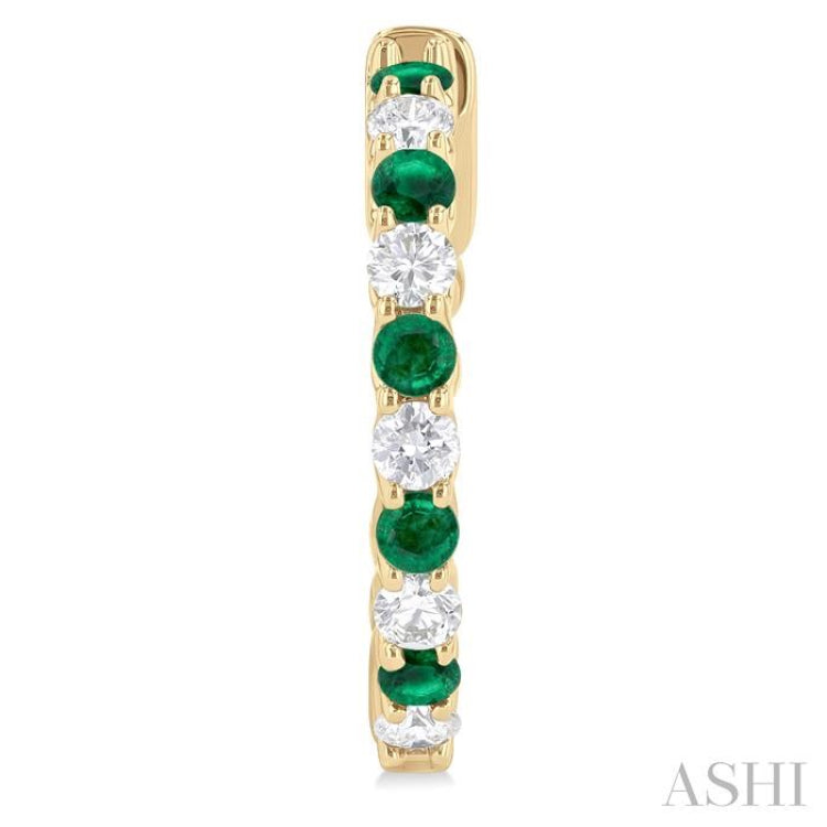 2.4 MM Round Cut Emerald and 5/8 ctw Round Cut Diamond Precious Hoop Earring in 14K Yellow Gold
