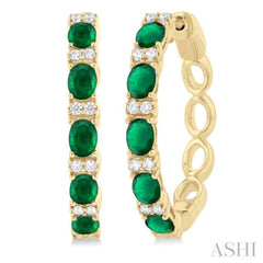 4X3 MM Oval Cut Emerald and 1/4 ctw Round Cut Diamond Precious Hoop Earring in 14K Yellow Gold