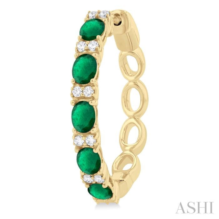 4X3 MM Oval Cut Emerald and 1/4 ctw Round Cut Diamond Precious Hoop Earring in 14K Yellow Gold