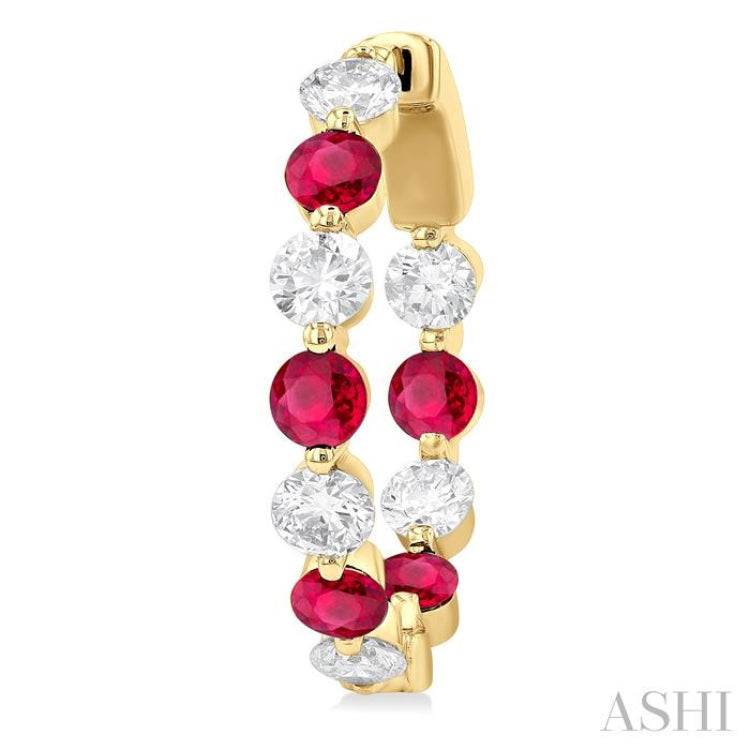 2.85 MM Round Cut Ruby and 1 ctw Round Cut Diamond Precious Inside-Out Alternating Hoop Earrings in 14K Yellow Gold