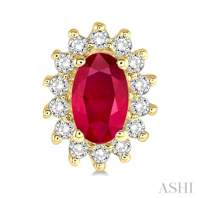 5x3 MM Oval Cut Center Ruby and 1/5 ctw Round Cut Diamond Sunflower Precious Earrings in 10K Yellow Gold