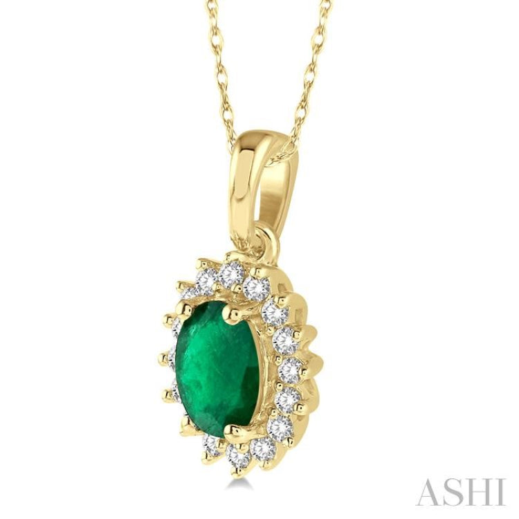 6x4 MM Oval Cut Emerald Center Sunflower and 1/8 ctw Round Cut Diamond Precious Pendant in 10K Yellow Gold with chain