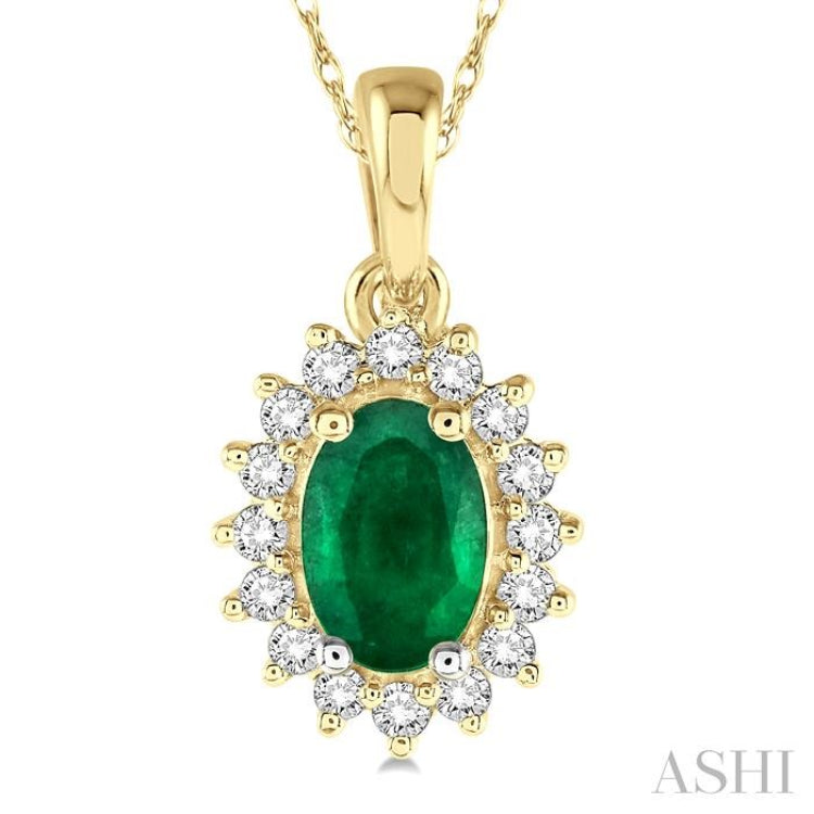 6x4 MM Oval Cut Emerald Center Sunflower and 1/8 ctw Round Cut Diamond Precious Pendant in 10K Yellow Gold with chain