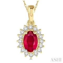 6x4 MM Oval Cut Ruby Center Sunflower and 1/8 ctw Round Cut Diamond Precious Pendant in 10K Yellow Gold with chain