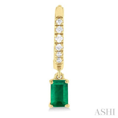 5x3 MM Emerlad Cut Emerald and 1/8 ctw Round Cut Diamond Precious Petite Fashion Huggies in 10K Yellow Gold