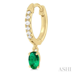 5x3 MM Oval Cut Emerald and 1/8 ctw Petite Round Cut Diamond Precious Fashion Huggies in 10K Yellow Gold
