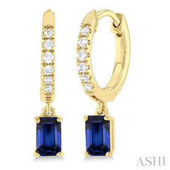 5x3 MM Emerlad Cut Sapphire and 1/8 ctw Round Cut Diamond Precious Petite Fashion Huggies in 10K Yellow Gold