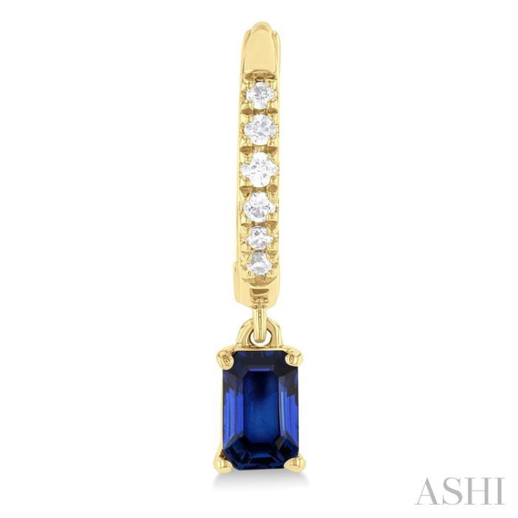 5x3 MM Emerlad Cut Sapphire and 1/8 ctw Round Cut Diamond Precious Petite Fashion Huggies in 10K Yellow Gold