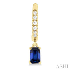 5x3 MM Emerlad Cut Sapphire and 1/8 ctw Round Cut Diamond Precious Petite Fashion Huggies in 10K Yellow Gold