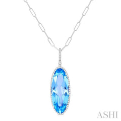 26x10 MM Oval Cut Blue Topaz and 1/3 ctw Round Cut Diamond Semi Precious Pendant With Chain in 14K White Gold