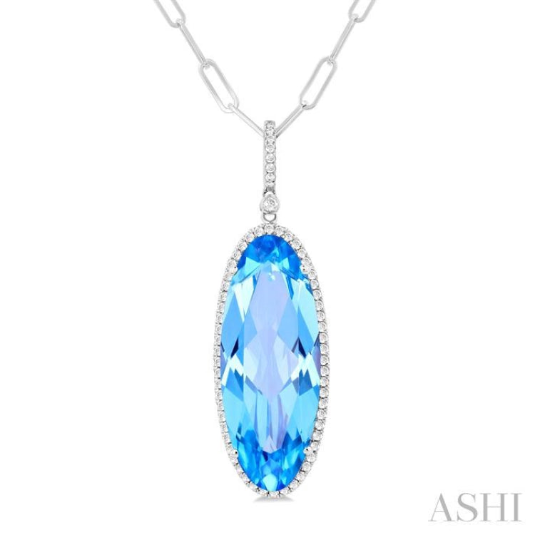 26x10 MM Oval Cut Blue Topaz and 1/3 ctw Round Cut Diamond Semi Precious Pendant With Chain in 14K White Gold