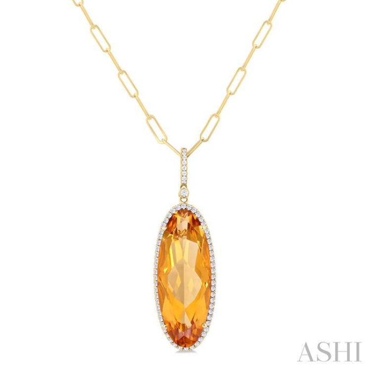 26x10 MM Oval Cut Citrine and 1/3 ctw Round Cut Diamond Semi Precious Pendant With Chain in 14K Yellow Gold