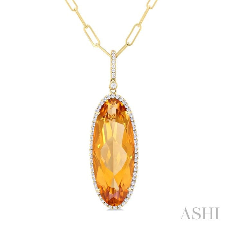 26x10 MM Oval Cut Citrine and 1/3 ctw Round Cut Diamond Semi Precious Pendant With Chain in 14K Yellow Gold