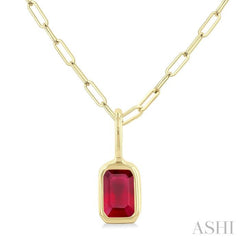 6x4 MM Bezel Set Emerald Cut Ruby Precious Fashion Pendant With Paperclip Chain in 10K Yellow Gold