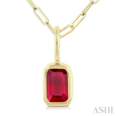 6x4 MM Bezel Set Emerald Cut Ruby Precious Fashion Pendant With Paperclip Chain in 10K Yellow Gold