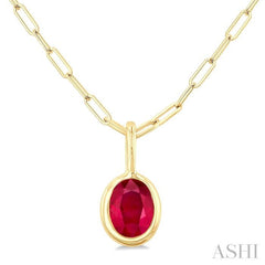 6x4 MM Bezel Set Oval Cut Ruby Precious Fashion Pendant With Paperclip Chain in 10K Yellow Gold