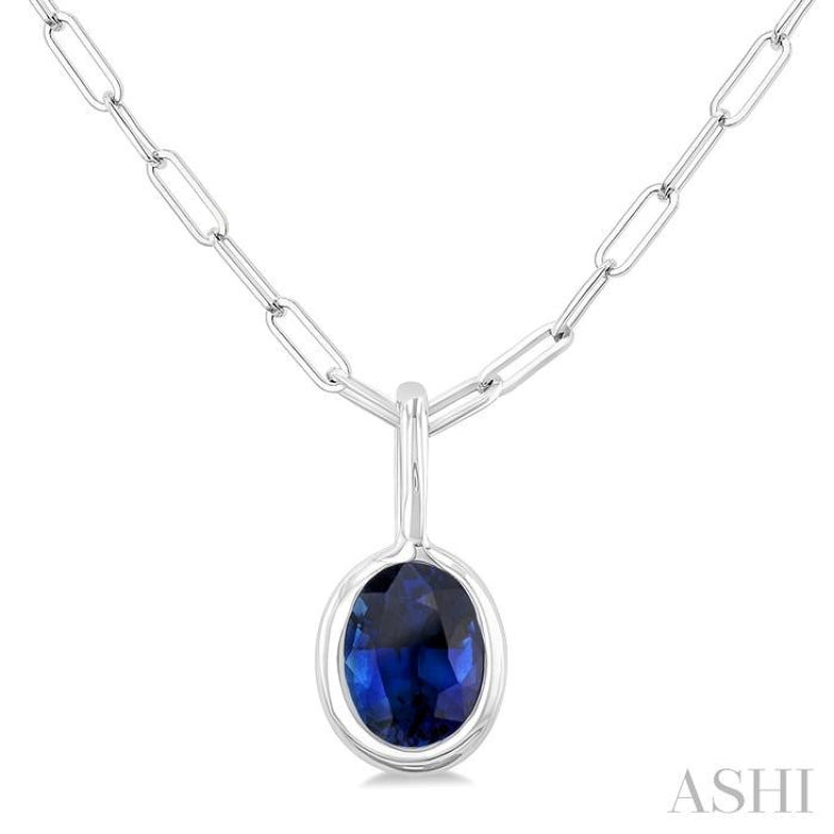 6x4 MM Bezel Set Oval Cut Sapphire Precious Fashion Pendant With Paperclip Chain in 10K White Gold