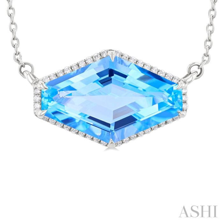 16x10 MM Hexagon Shape Blue Topaz and 1/10 ctw Round Cut Diamond Halo Semi Precious Pendant With Chain in 14K White Gold