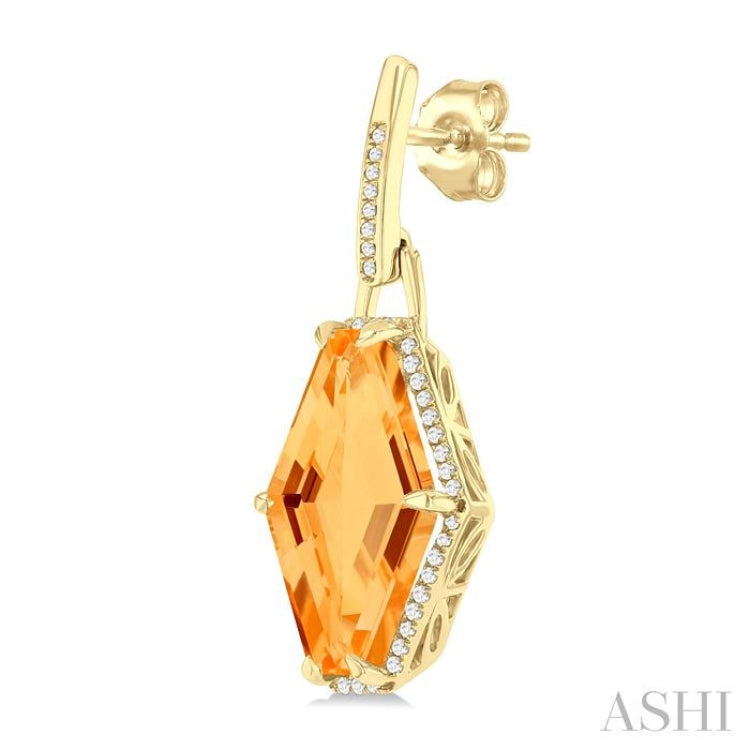 16x10 MM Hexagon Shape Citrine and 1/4 ctw Round Cut Diamond Halo Semi Precious Earrings in 14K Yellow Gold
