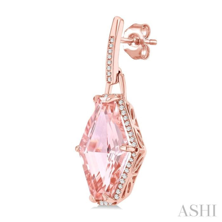 16x10 MM Hexagon Shape Morganite and 1/4 ctw Round Cut Diamond Halo Semi Precious Earrings in 14K Rose Gold