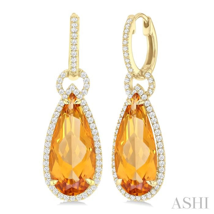18X8 MM Pear Cut Citrine and 5/8 ctw Round Cut Diamond Halo Semi Precious Earrings in 14K Yellow Gold