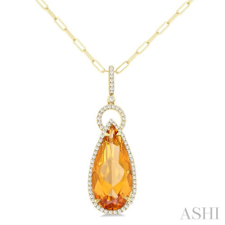 22X10 MM Pear Cut Citrine and 1/3 ctw Round Cut Diamond Halo Semi Precious Pendant With Chain in 14K Yellow Gold