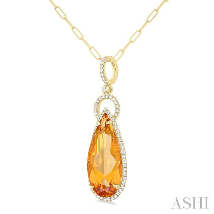 22X10 MM Pear Cut Citrine and 1/3 ctw Round Cut Diamond Halo Semi Precious Pendant With Chain in 14K Yellow Gold