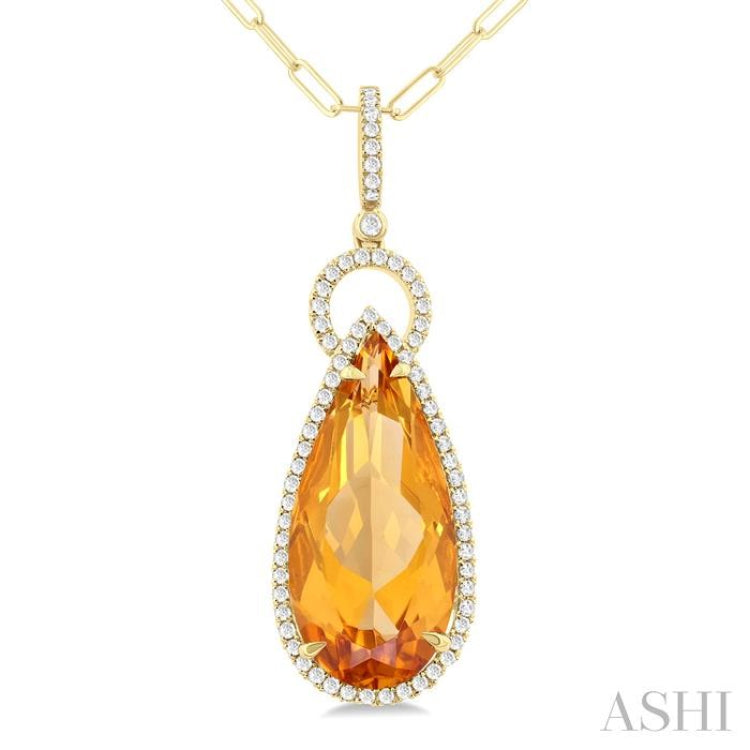22X10 MM Pear Cut Citrine and 1/3 ctw Round Cut Diamond Halo Semi Precious Pendant With Chain in 14K Yellow Gold