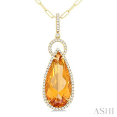 22X10 MM Pear Cut Citrine and 1/3 ctw Round Cut Diamond Halo Semi Precious Pendant With Chain in 14K Yellow Gold