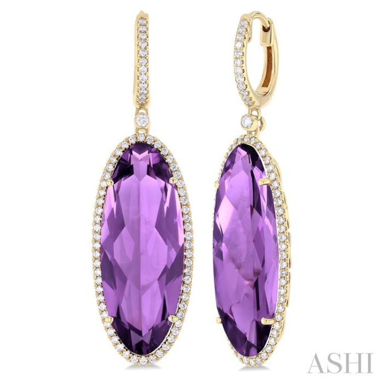 20x8 MM Oval Cut Amethyst and 1/2 ctw Round Cut Diamond Halo Semi Precious Earrings in 14K Yellow Gold