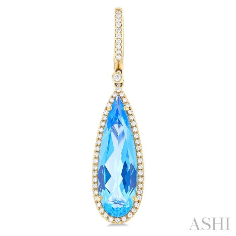 23x7 MM Pear Shape Blue Topaz and 3/8 ctw Round Cut Diamond Halo Semi Precious Earrings in 14K Yellow Gold