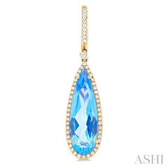 23x7 MM Pear Shape Blue Topaz and 3/8 ctw Round Cut Diamond Halo Semi Precious Earrings in 14K Yellow Gold