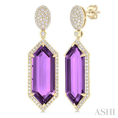 22x8 MM Hexagon Shape Amethyst and 7/8 ctw Round Cut Diamond Halo Semi Precious Earrings in 14K Yellow Gold
