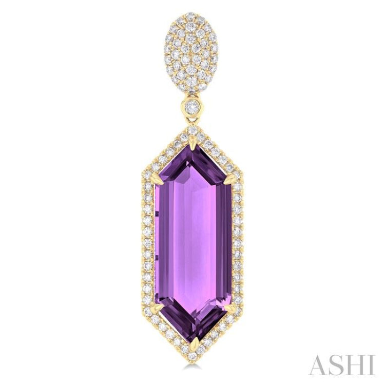 22x8 MM Hexagon Shape Amethyst and 7/8 ctw Round Cut Diamond Halo Semi Precious Earrings in 14K Yellow Gold