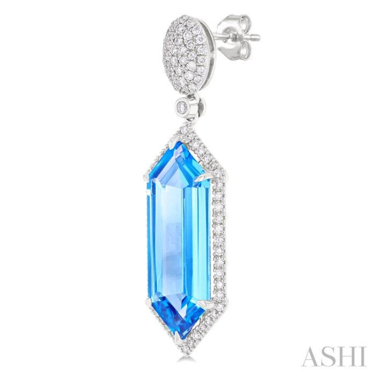 22x8 MM Hexagon Shape Blue Topaz and 7/8 ctw Round Cut Diamond Halo Semi Precious Earrings in 14K White Gold