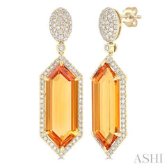 22x8 MM Hexagon Shape Citrine and 7/8 ctw Round Cut Diamond Halo Semi Precious Earrings in 14K Yellow Gold