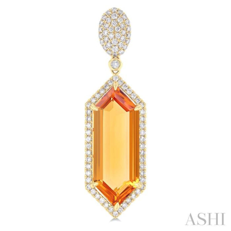 22x8 MM Hexagon Shape Citrine and 7/8 ctw Round Cut Diamond Halo Semi Precious Earrings in 14K Yellow Gold