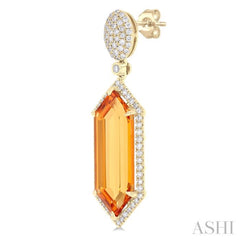 22x8 MM Hexagon Shape Citrine and 7/8 ctw Round Cut Diamond Halo Semi Precious Earrings in 14K Yellow Gold