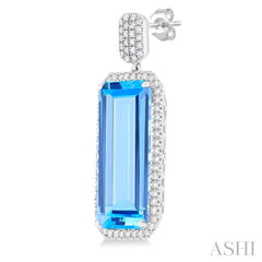 22x10 MM Emerald Cut Blue Topaz and 7/8 ctw Round Cut Diamond Halo Semi Precious Earrings in 14K White Gold