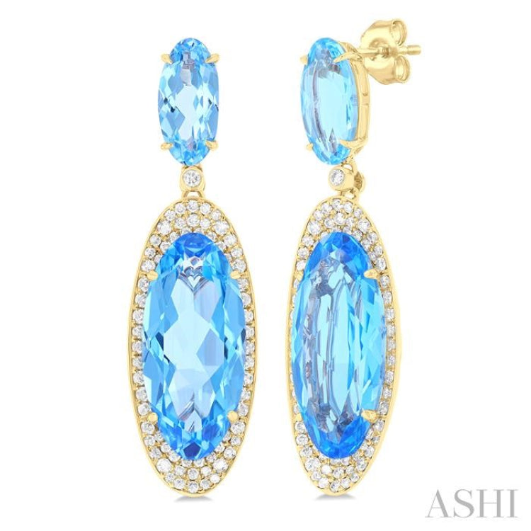18x8 MM & 10x5 MM Oval Cut Blue Topaz and 3/4 ctw Round Cut Diamond Halo Semi Precious Earrings in 14K Yellow Gold