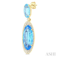 18x8 MM & 10x5 MM Oval Cut Blue Topaz and 3/4 ctw Round Cut Diamond Halo Semi Precious Earrings in 14K Yellow Gold