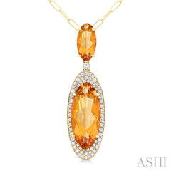 18x8 MM & 10x5 MM Oval Cut Citrine and 1/3 ctw Round Cut Diamond Halo Semi Precious Pendant With Chain in 14K Yellow Gold