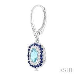 6x4 MM Oval Cut Aquamarine, 1.25 MM Sapphire and 1/3 ctw Round Cut Diamond Halo Precious and Semi Precious Fashion Earrings in 14K White Gold