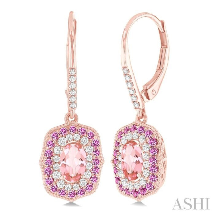 6x4 MM Oval Cut Morganite, 1.25 MM Pink Sapphire and 1/3 ctw Round Cut Diamond Halo Precious and Semi Precious Fashion Earrings in 14K Rose Gold