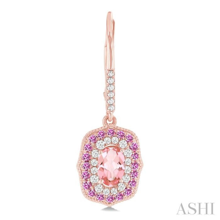 6x4 MM Oval Cut Morganite, 1.25 MM Pink Sapphire and 1/3 ctw Round Cut Diamond Halo Precious and Semi Precious Fashion Earrings in 14K Rose Gold