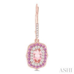 6x4 MM Oval Cut Morganite, 1.25 MM Pink Sapphire and 1/3 ctw Round Cut Diamond Halo Precious and Semi Precious Fashion Earrings in 14K Rose Gold