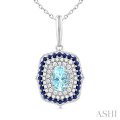 7x5 MM Oval Cut Aquamarine, 1.25MM Sapphire and 1/3 ctw Round Cut Diamond Halo Precious and Semi Precious Fashion Pendant With Chain in 14K White Gold
