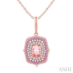 7x5 MM Oval Cut Morganite, 1.25 MM Pink Sapphire and 1/3 ctw Round Cut Diamond Halo Precious and Semi Precious Pendant With Chain in 14K Rose Gold