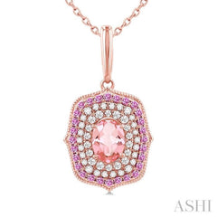 7x5 MM Oval Cut Morganite, 1.25 MM Pink Sapphire and 1/3 ctw Round Cut Diamond Halo Precious and Semi Precious Pendant With Chain in 14K Rose Gold