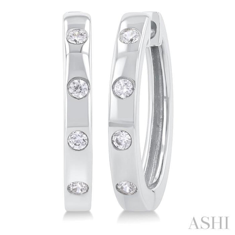 1/6 ctw Flush Bezel Set Diamond Fashion Hoop Earring in 10K White Gold